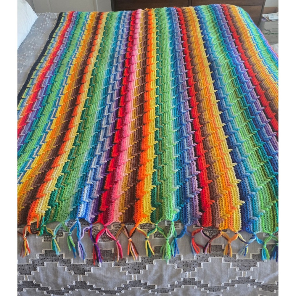 Handmade Crochet Rainbow Afghan Textured Strip Throw Multicolor 56x68